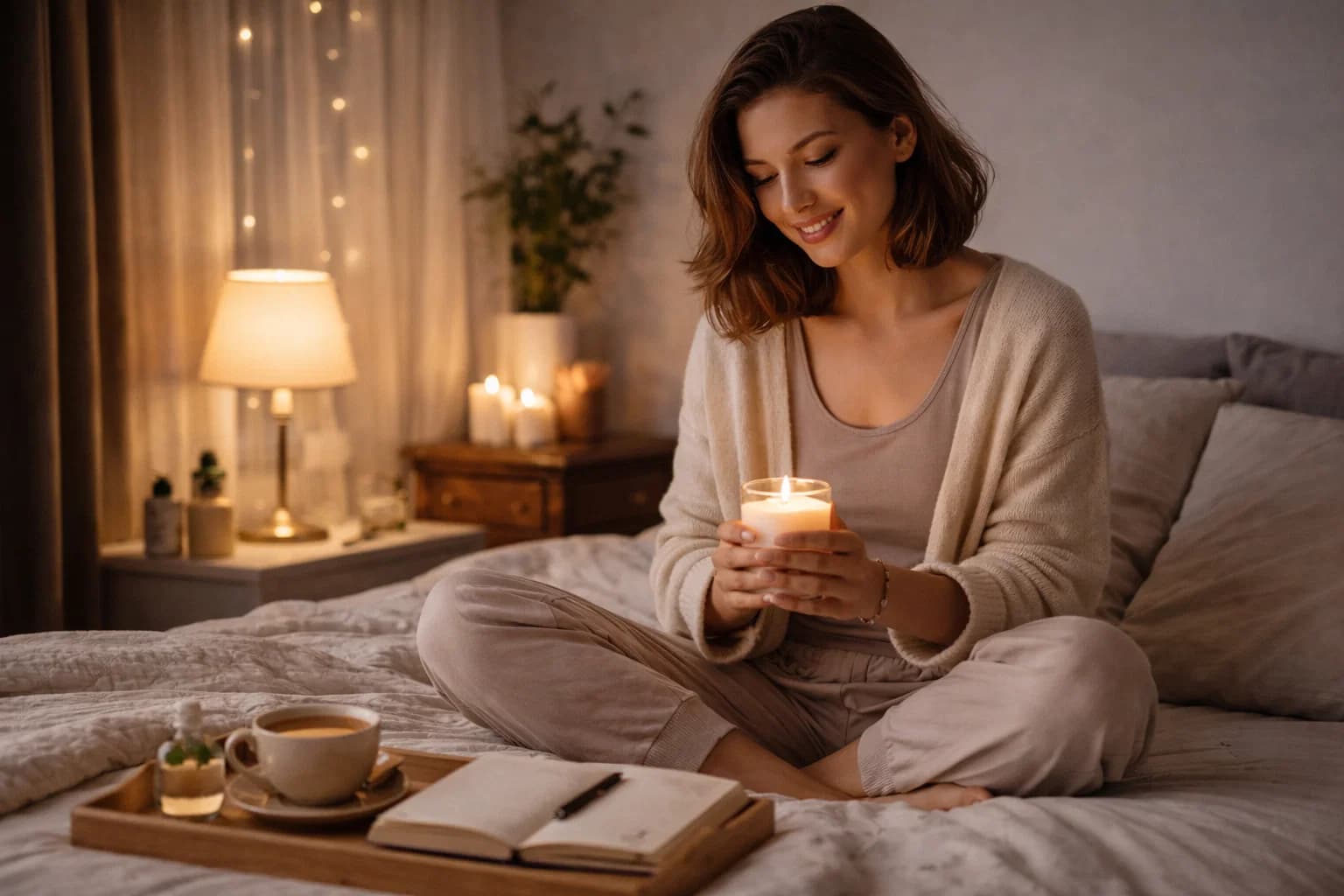 Pełnia księżyca widoczna przez okno sypialni w nocy