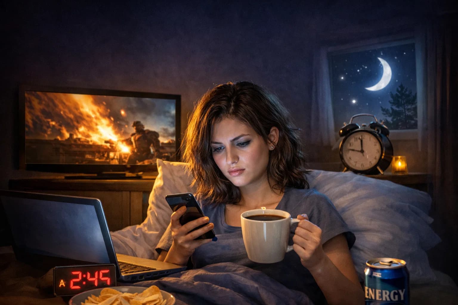 Osoba z telefonem w łóżku w ciemnym pokoju